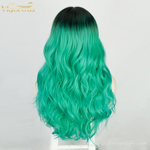Vigorous Cheap Vendor Ombre Swiss Lace Synthetic Hair Wholesale Cosplay Long Curly Body Wave Green Black Women Lace Front Wigs